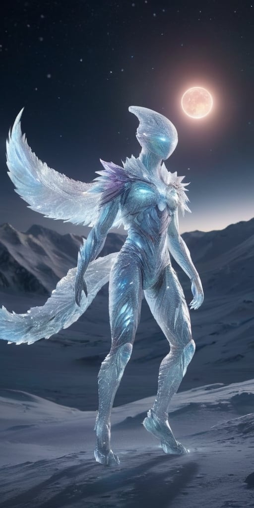 Generate hyper realistic image of a creature from a distant moon,  where the surface is covered in icy terrain. Visualize...