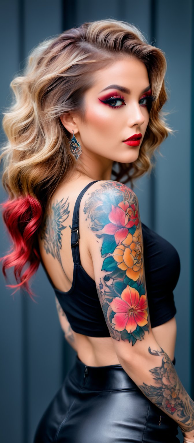 Generate hyper realistic image of a woman posing in an eye-catching outfit with a prominent tattoo. The woman has long,  l...