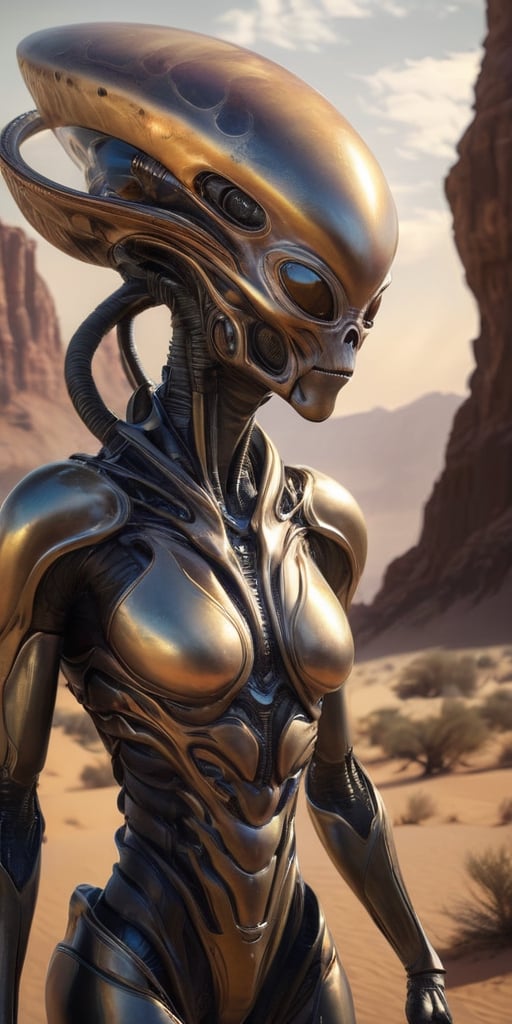 Generate hyper realistic image of an alien race with metallic,  chitinous exoskeletons,  reflecting the light in a mesmeri...