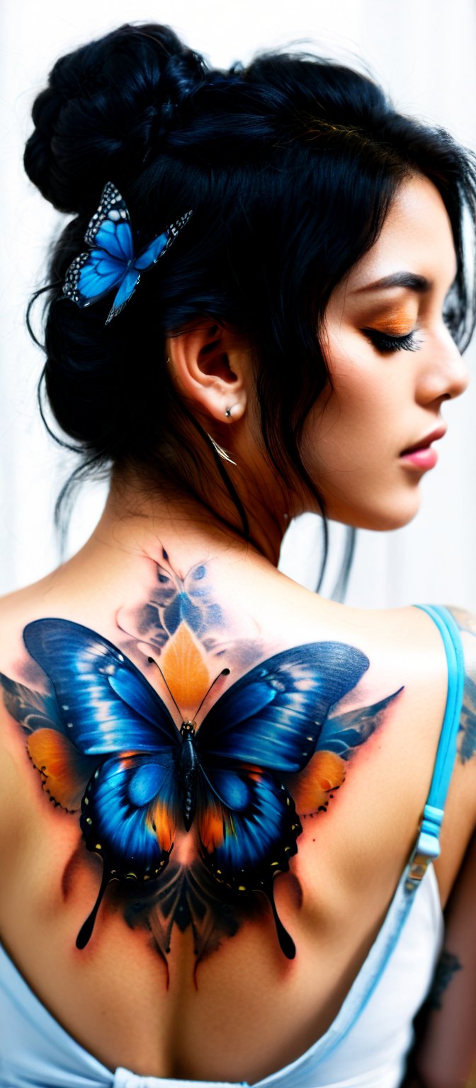 Generate hyper realistic image of  woman with a beautiful and intricate butterfly tattoo on her back. he woman is shown in profile, with her back turned towards the viewer. Her head is slightly turned to the side, giving a glimpse of her serene and thoughtful expression. Her eyes are blue. Her hair is styled in a loose, elegant updo, with a few strands softly framing her face. The hair has a luminous quality, reflecting the light in the scene. vibrant butterfly tattoo covers her upper back and shoulders. The tattoo is rendered in vivid blues and blacks, creating a dramatic contrast against her skin. Surrounding the large butterfly are smaller, glowing butterflies in shades of orange and yellow.