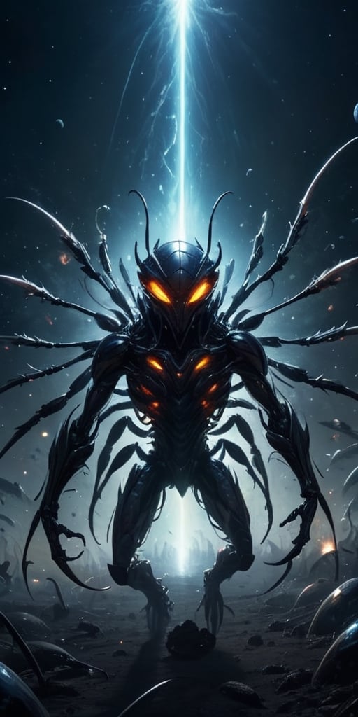 Generate hyper realistic image of a nightmarish depiction of a swarm of interdimensional insectoid creatures,  each with r...