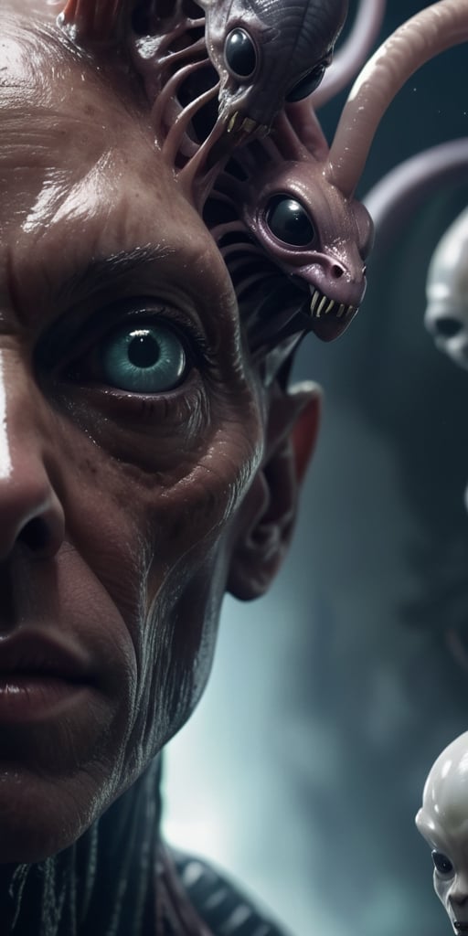 Generate hyper realistic image of alien parasites infesting the minds of human leaders,  twisting their thoughts and turni...