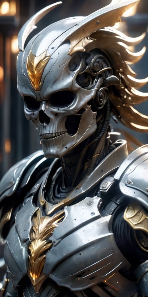 Generate hyper realistic image of a fearsome alien warrior dons a suit of armor constructed entirely from the bones and sk...