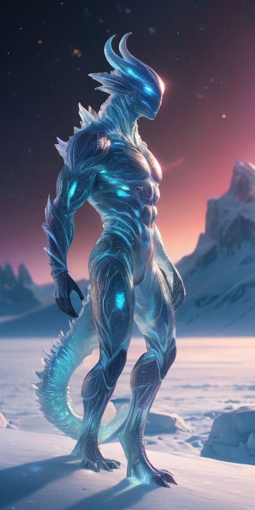 Generate hyper realistic image of a creature from a distant moon,  where the surface is covered in icy terrain. Visualize...