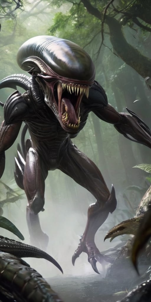 Generate hyper realistic image of a deadly alien creature with razor-sharp claws,  venomous fangs,  and the ability to cam...