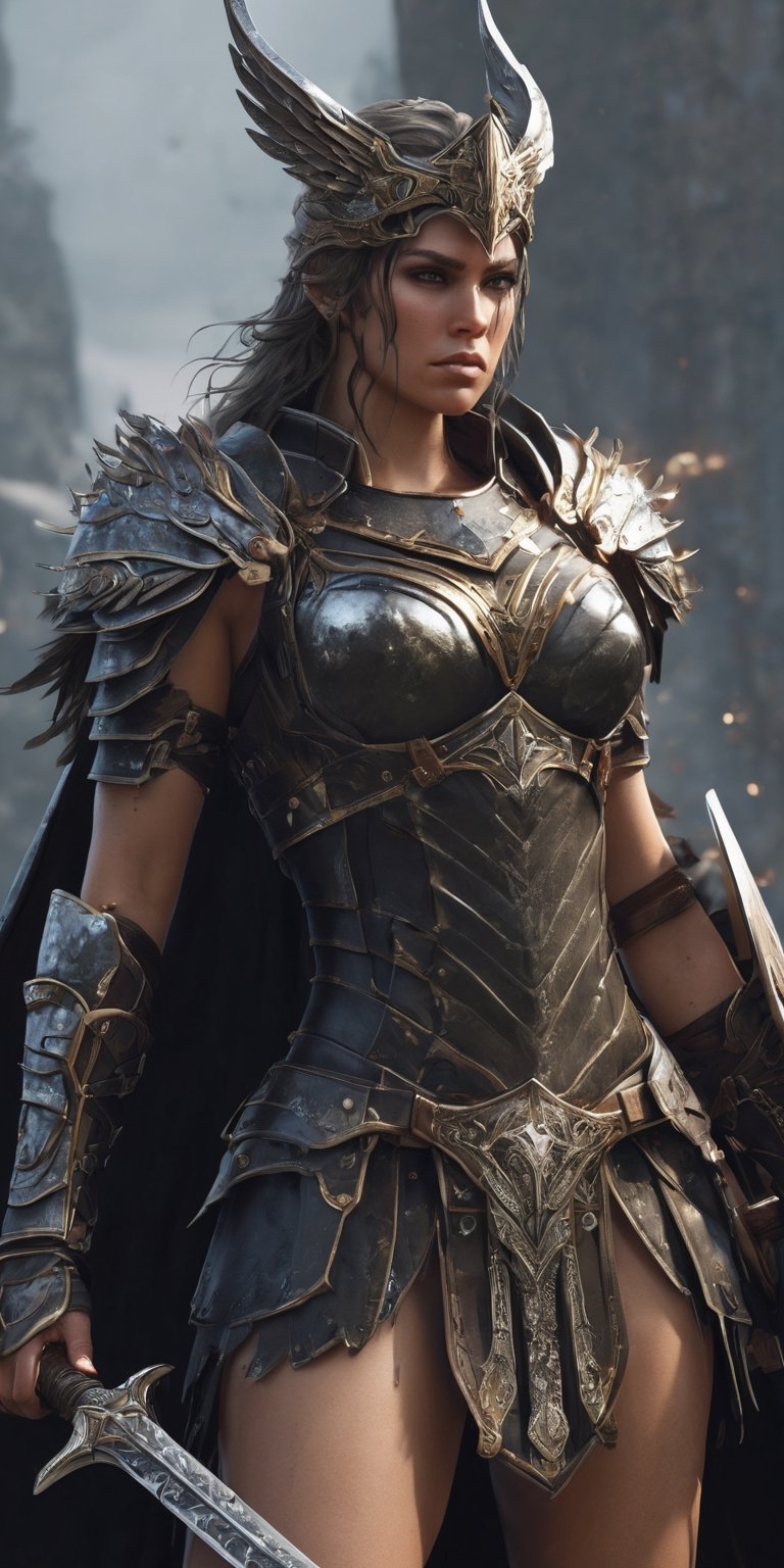 Generate hyper realistic image of a valkyrie corrupted by malevolent forces,  her once-glorious armor now tainted,  wieldi...