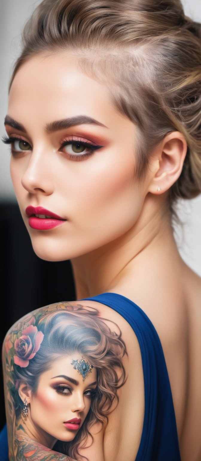 Generate hyper realistic image of a woman with an intricate and vibrant full-back tattoo. The tattoo spans the entire back...