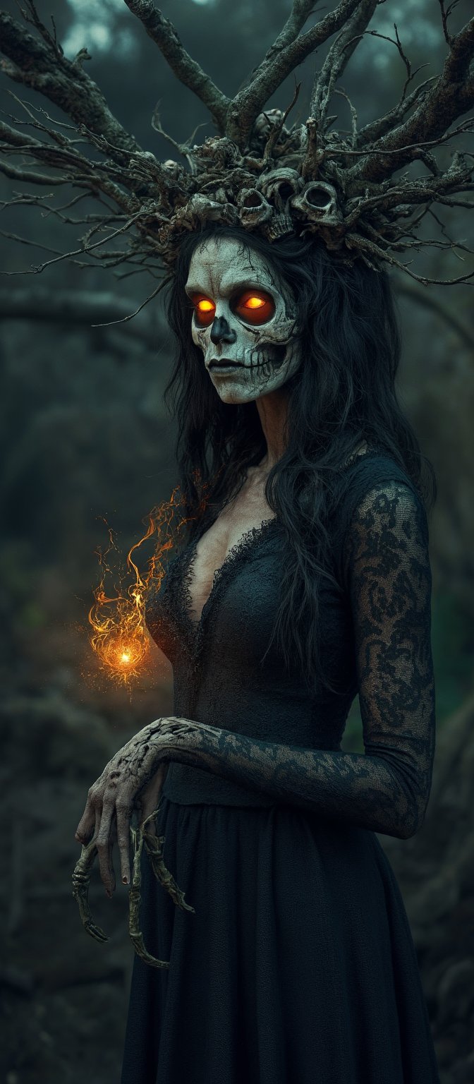 Generate hyper realistic image of a dark, haunting woman with macabre and mystical features. Her face is eerie and skeletal, covered in intricate patterns that resemble roots and vines, giving it a decaying, earthy appearance. Her eyes glow a bright, fiery orange. She is wearing crown-like headpiece made of twisted branches and skulls. The branches fan out from her head, some of them resembling gnarled tree roots, while numerous skulls are embedded within the design. Her clothing is dark and lacy, resembling an ancient, decayed wedding dress. The delicate lace details are contrasted by the rough, bark-like textures that blend into her skin. Her hands are elongated and bony, with sharp, claw-like fingers. Her body is mostly obscured by her dark clothing and the glowing energy she manipulates. The background is dark and shrouded in mist, with faint outlines of twisted trees and decaying branches.