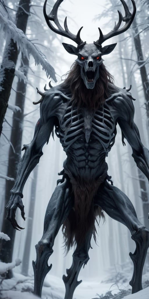 Generate hyper realistic image of a bone-chilling image of a monstrous wendigo, its skeletal form draped in icy, tattered fur, stalking through a snow-covered forest with hollow eyes reflecting the hunger for human flesh.highly detailed, sharp focus.8k,photography style,Extremely Realistic, 