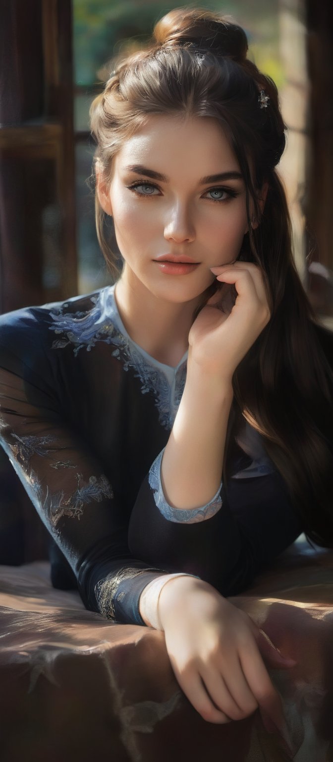 Generate hyper realistic image of a woman with long,  flowing hair sits by a window,  the sunlight casting a soft glow on...