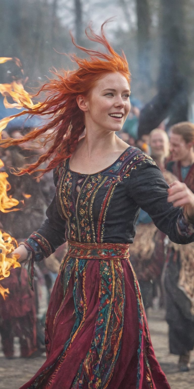 Generate hyper realistic image of a scene featuring a Nordic woman in festive attire, her flame-red hair woven with ribbons. She dances amidst a lively celebration, the vibrant colors of her dress contrasting with the lively atmosphere of a traditional Nordic festival. upper body shot,Extremely Realistic