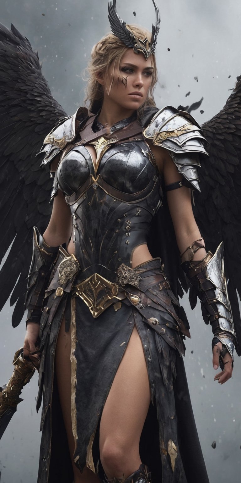 Generate hyper realistic image of a valkyrie corrupted by malevolent forces,  her once-glorious armor now tainted,  wieldi...