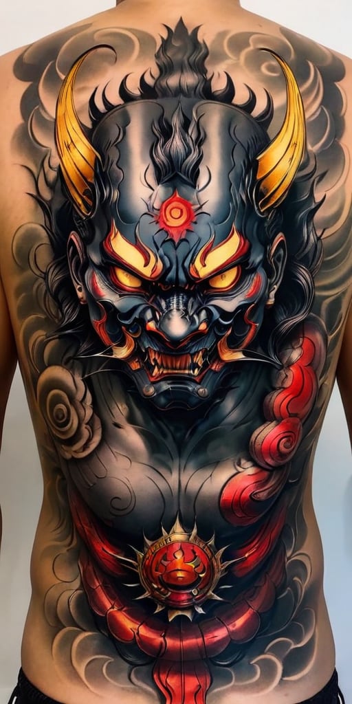 Generate hyper realistic image of a  a man with back to the viewer. He has full back tattoo on his wide back. Tattoo is a menacing traditional Japanese oni masks  with demon details, combined with the presence of a coiled serpent.The mask has a fierce and ominous expression, characterized by deep-set, hollow eyes, a prominent nose, and a wide-open mouth revealing sharp fangs. The mask's surface is detailed with flowing lines and shading that give it a three-dimensional, sculpted appearance. The presence of horns on the mask enhances its demonic and intimidating look.A snake is intertwined with the mask, wrapping around it in a sinuous, fluid motion. The snake's scales are meticulously detailed, creating a realistic texture. The serpent’s head emerges from the top of the mask, with its mouth open, displaying its fangs and forked tongue.,tattoo,FuturEvoLabTattoo,GlowingTat,tag score,oni style