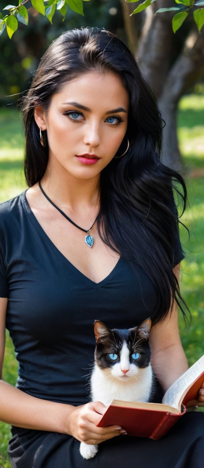 Generate hyper realistic image of a woman with long, black hair sitting outdoors beneath a tree, wearing a black shirt with short sleeves. She's holding an open book, her blue eyes looking directly at the viewer, with hoop earrings adorning her ears. A cat sits beside her, and she wears a necklace and bracelet, her lips subtly curved as if she's absorbed in reading.