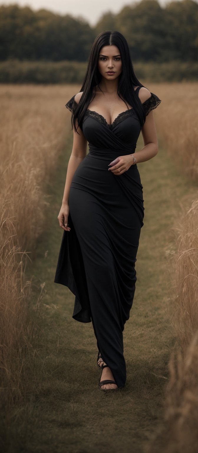 Generate hyper realistic image of a woman with flowing black hair,  draped in a gothic dress that accentuates her curves....
