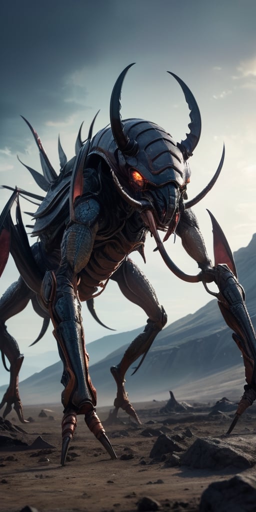 Generate hyper realistic image of a hellish insectoid behemoth with razor-sharp pincers and a carapace adorned with grotes...