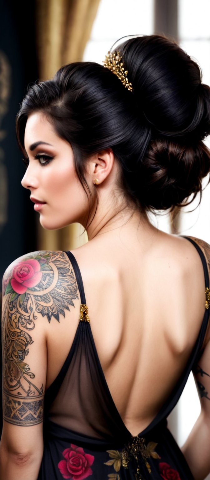 Generate hyper realistic image of a woman with an alluring and confident appearance. The woman is shown from the back,  sl...