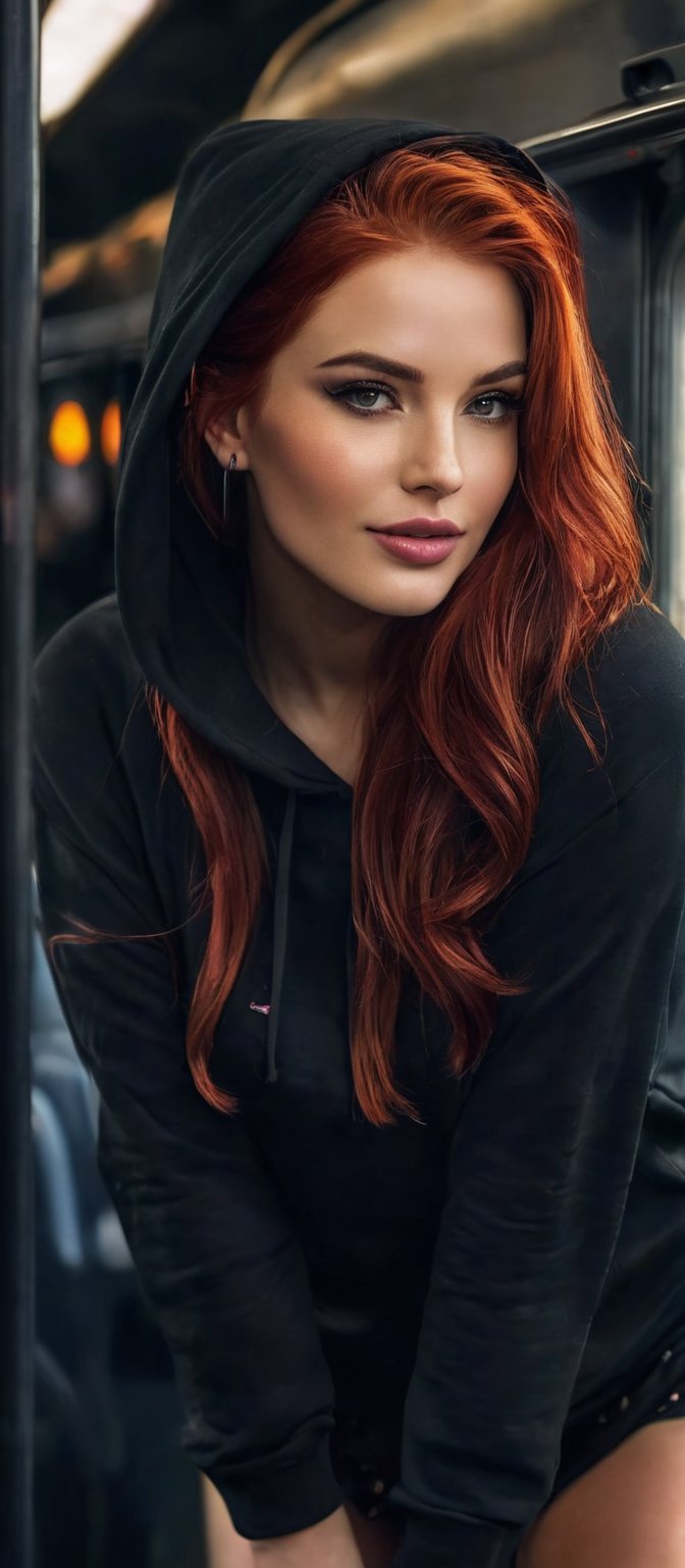 Generate hyper realistic image of a woman with flowing red hair with black strands that cascades down her back. She is loo...