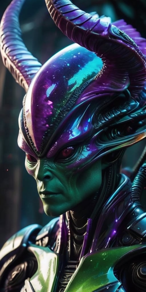 Generate hyper realistic image of an alien,  adorned with majestic horns and advanced extraterrestrial armor. The figure h...