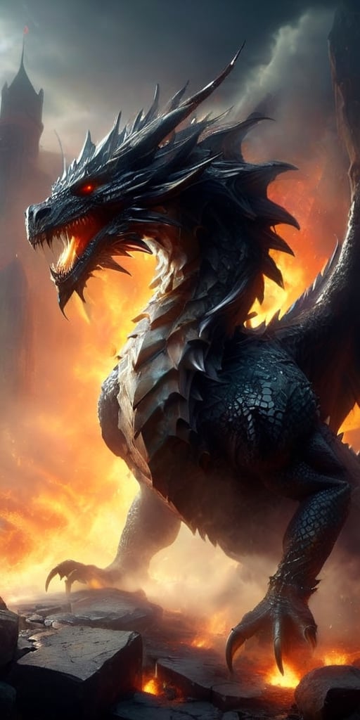 Generate hyper realistic image of an enormous dragon with razor-sharp fangs and talons, its scaly wings blotting out the sun as it descends upon a castle, its fiery breath reducing stone walls to rubble and striking fear into the hearts of all who witness its wrath.