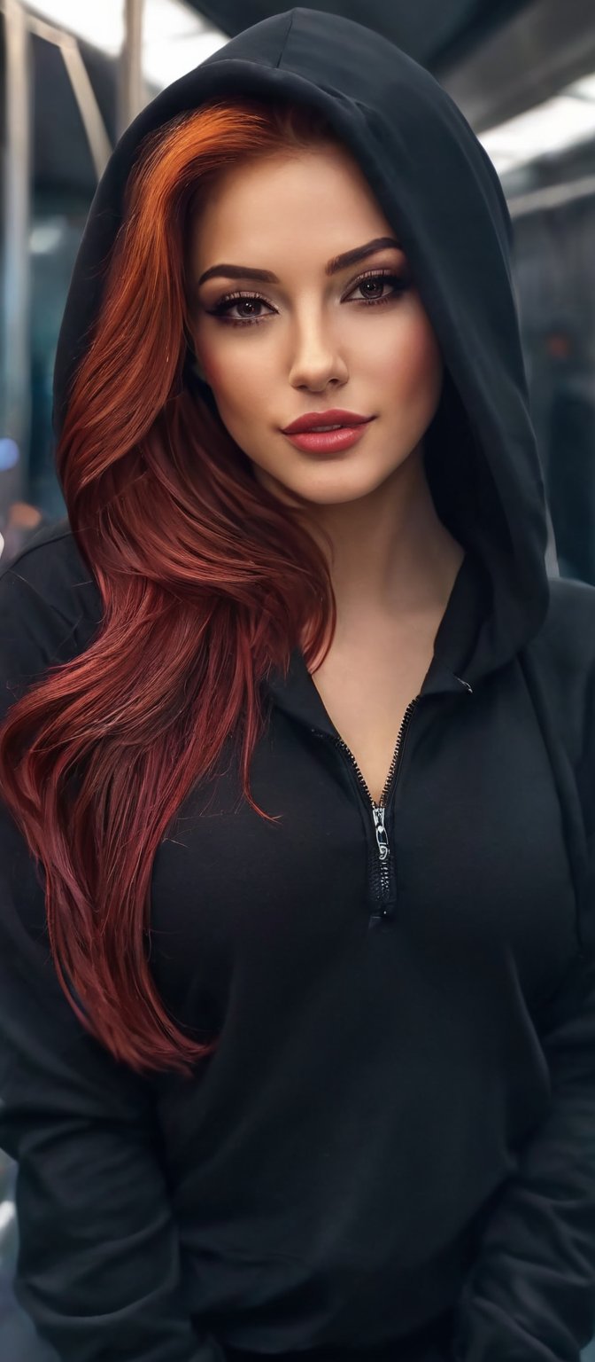 Generate hyper realistic image of a woman with flowing red hair with black strands that cascades down her back. She is loo...