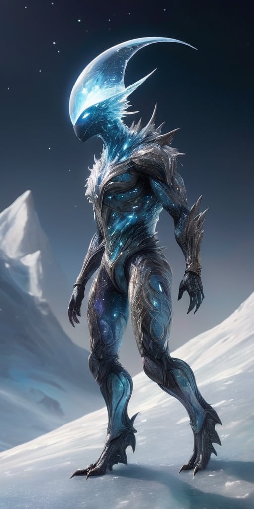 Generate hyper realistic image of a creature from a distant moon,  where the surface is covered in icy terrain. Visualize...