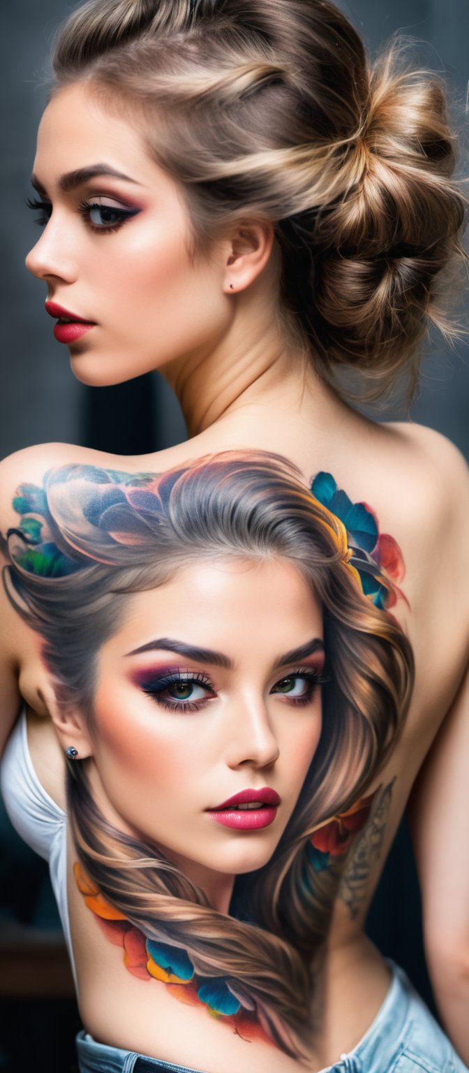 Generate hyper realistic image of a woman with an intricate and vibrant full-back tattoo. The tattoo spans the entire back...