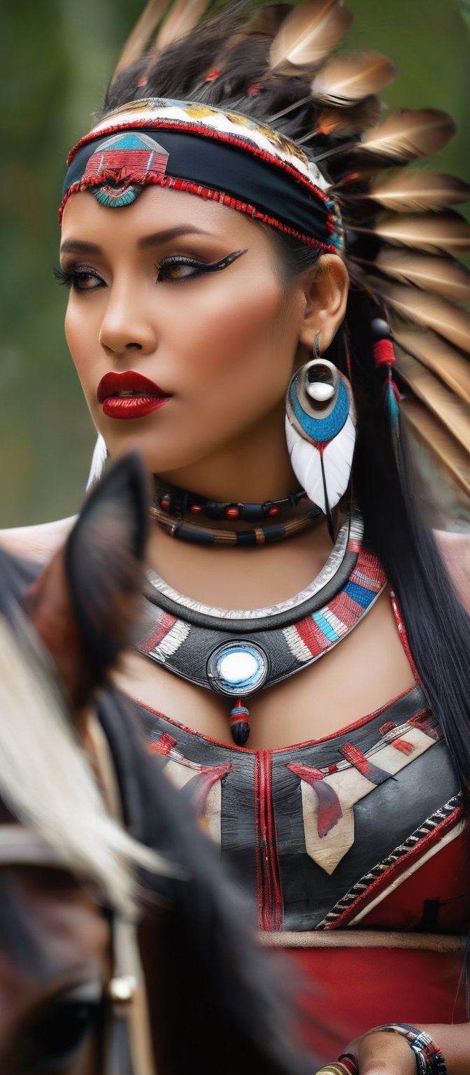 Generate hyper realistic image of a native woman exuding strength and beauty. She has long,  flowing black hair adorned wi...