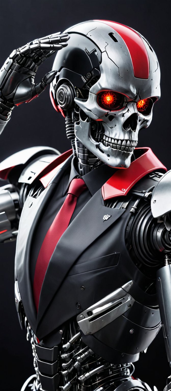 Generate hyper realistic image of a medium-angle shot of a Skull robot, dressed in a sleek black suit with a bold red tie and a gleaming silver helmet. The robot's face has black eyes and a silver headband, and it's wearing black gloves. Its right arm is raised while its left arm is bent, gripping a black gun. The stark black background contrasts sharply with the outfit.