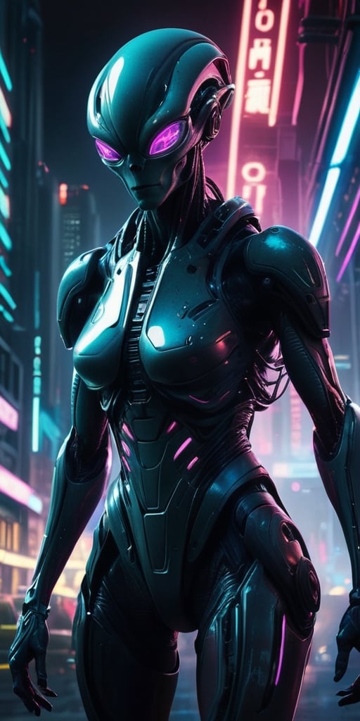 Generate hyper realistic image of a scene featuring a cybernetically enhanced alien being,  their body merging with dark m...