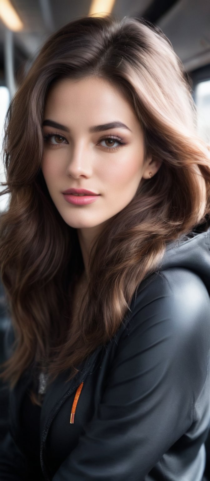 Generate hyper realistic image of a woman with flowing hair that cascades down her back. She is looking at the viewer with...