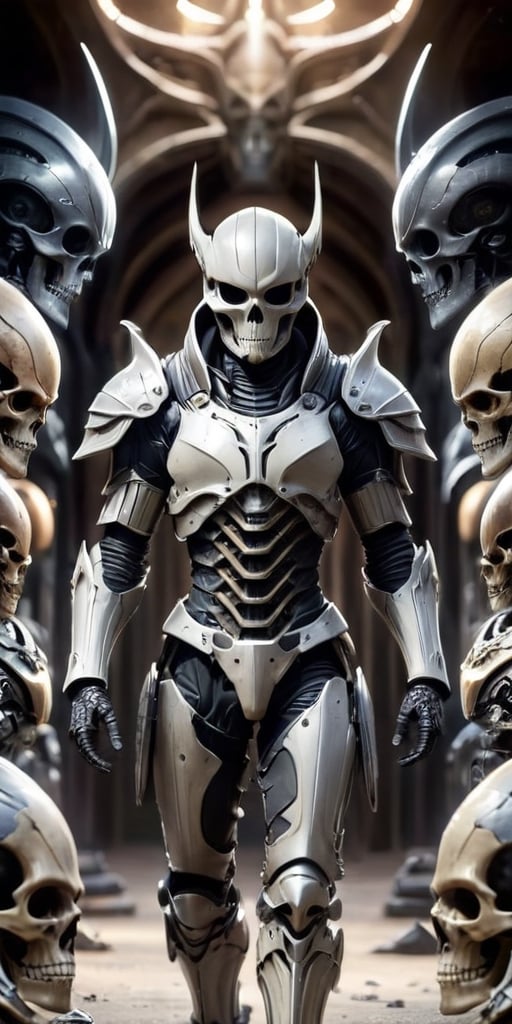 Generate hyper realistic image of a fearsome alien warrior dons a suit of armor constructed entirely from the bones and sk...