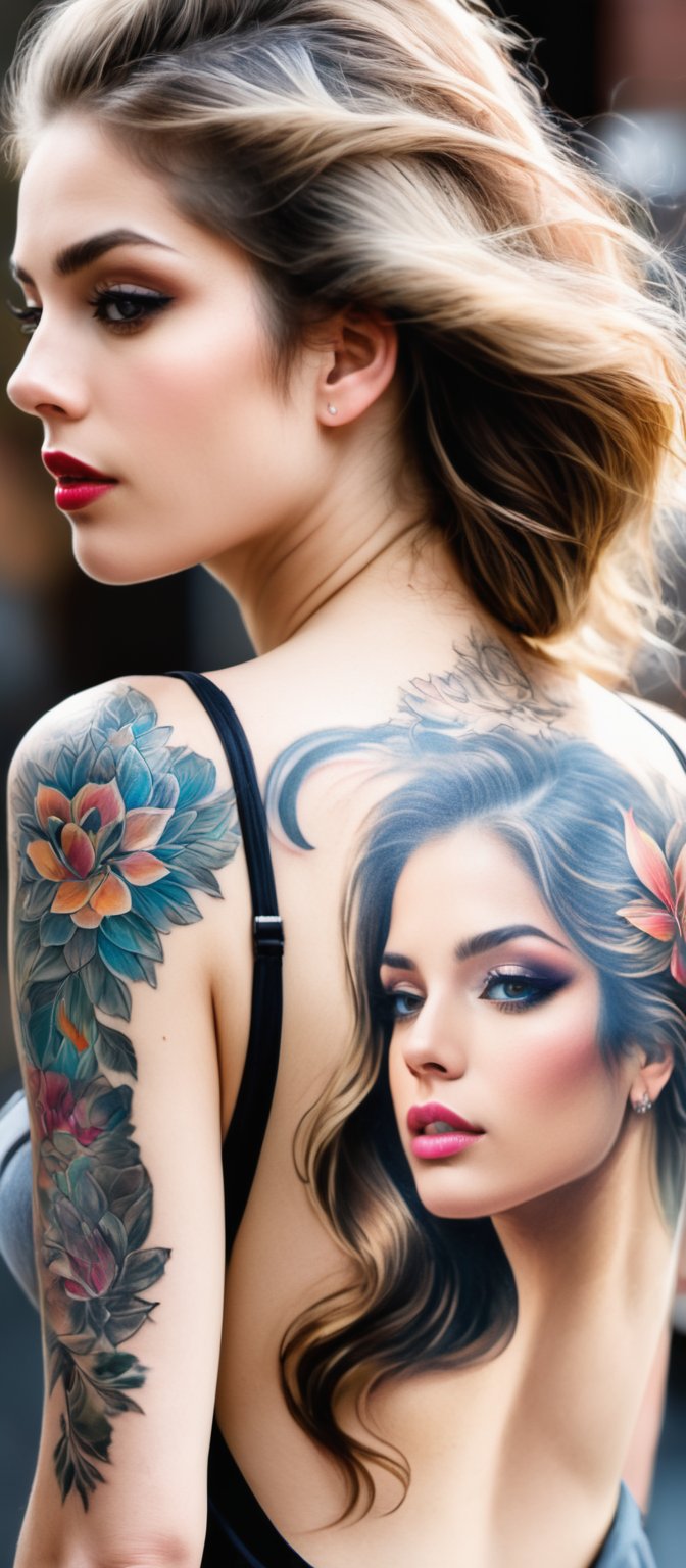 Generate hyper realistic image of a woman with an intricate and vibrant full-back tattoo. The tattoo spans the entire back...