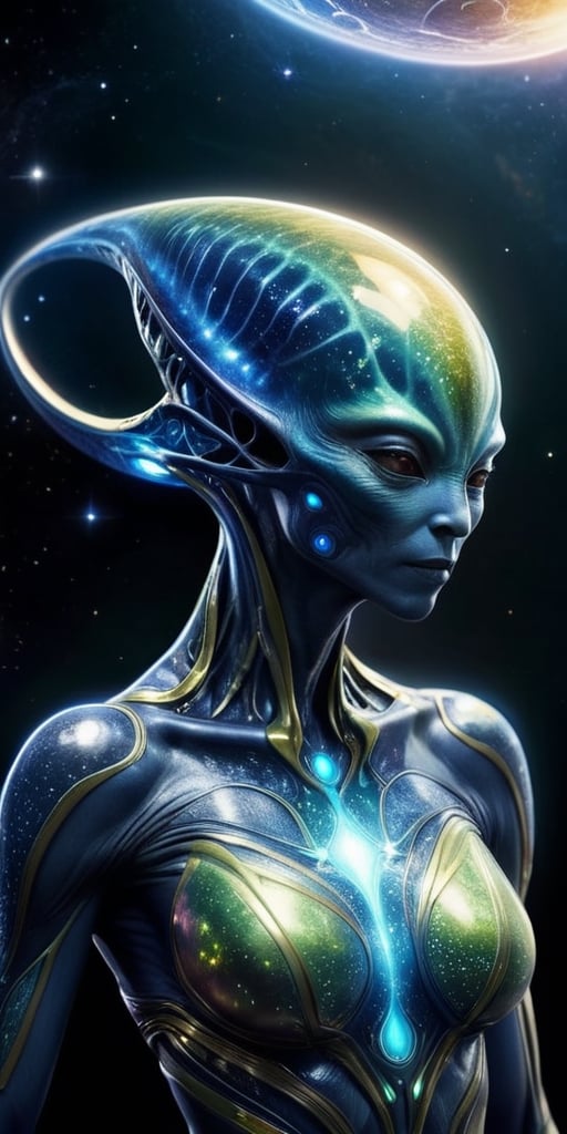 Generate hyper realistic image of a celestial-energy alien hybrid,  with radiant energy emanating from their body,  celest...
