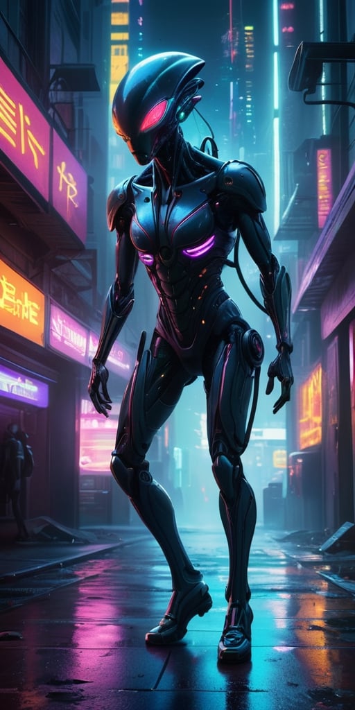 Generate hyper realistic image of a scene featuring a cybernetically enhanced alien being,  their body merging with dark m...