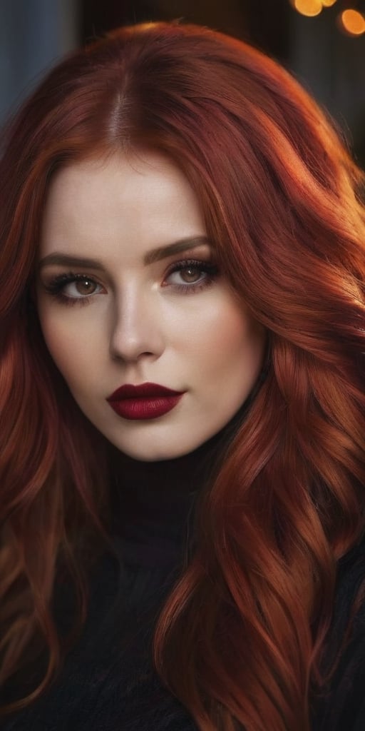 Generate hyper realistic image of a beautiful woman with lustrous red hair cascading in the warm glow of a sunset. She wea...