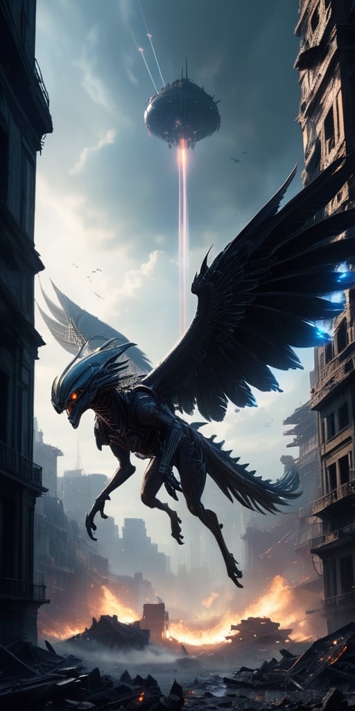 Generate hyper realistic image of alien entities with biomechanical wings,  soaring through the darkened skies as they unl...