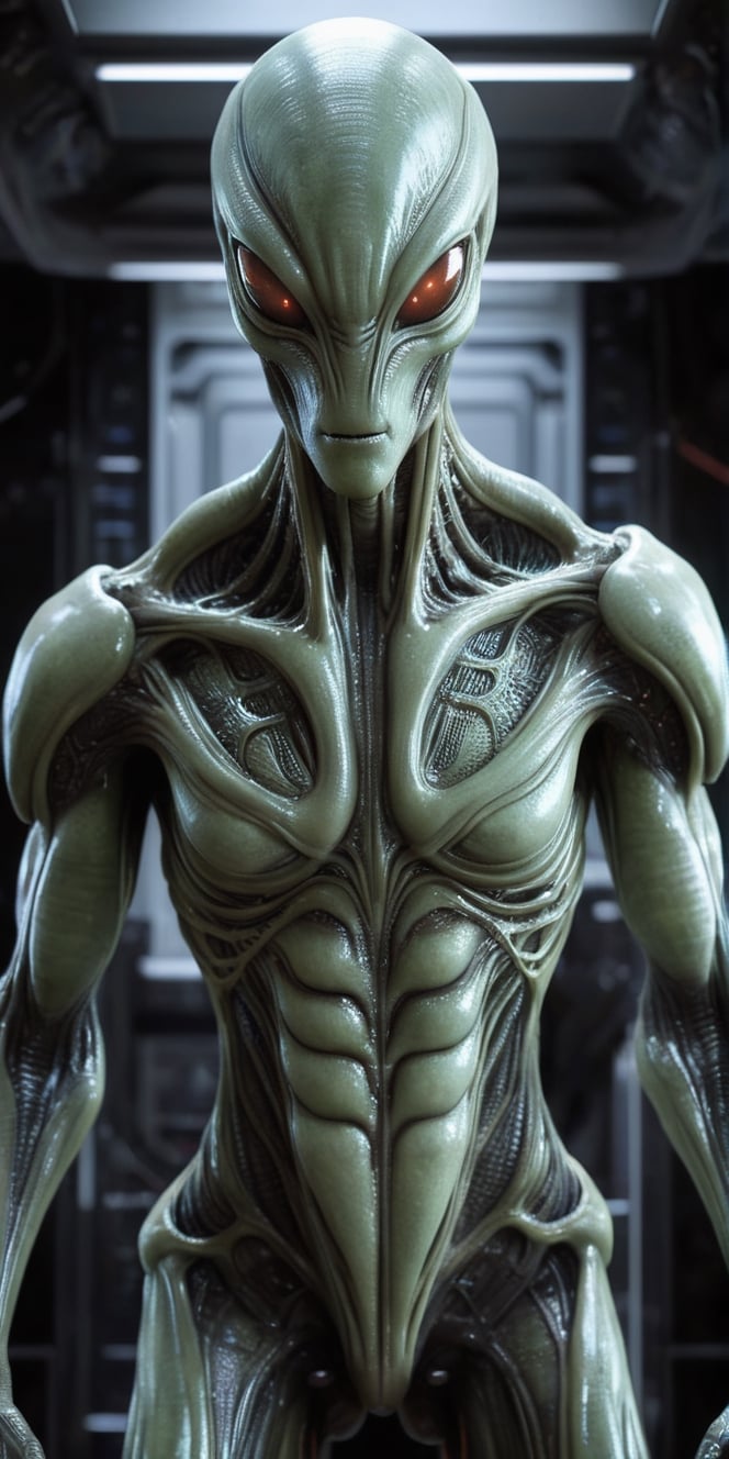 Generate hyper realistic image of an alien creature capable of manipulating its molecular structure at will. In a scene re...