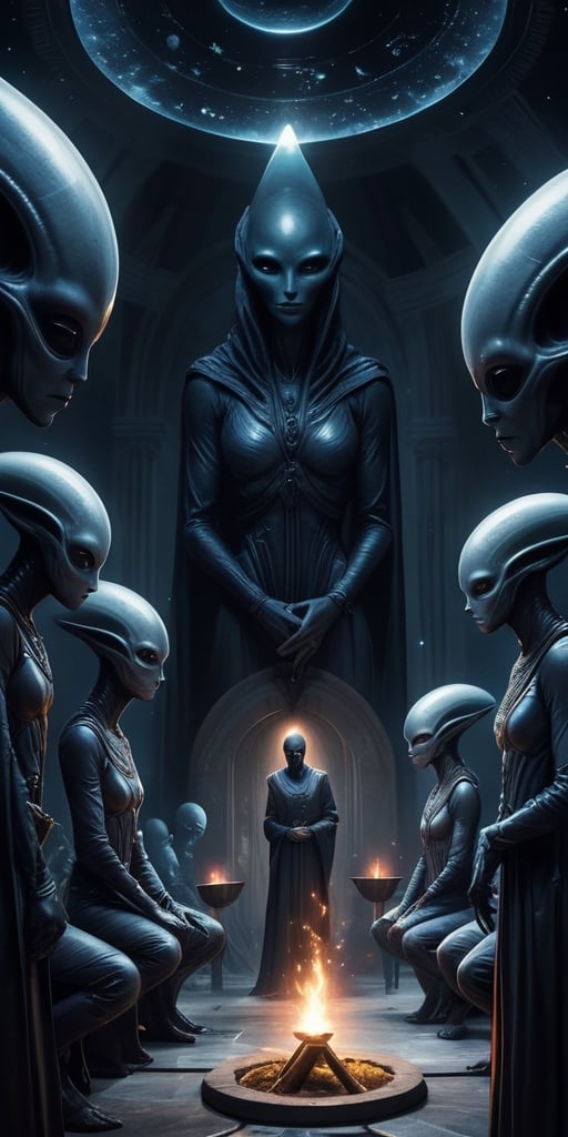 Generate hyper realistic image of a scene featuring a group of extraterrestrial beings conducting a dark and mysterious ce...