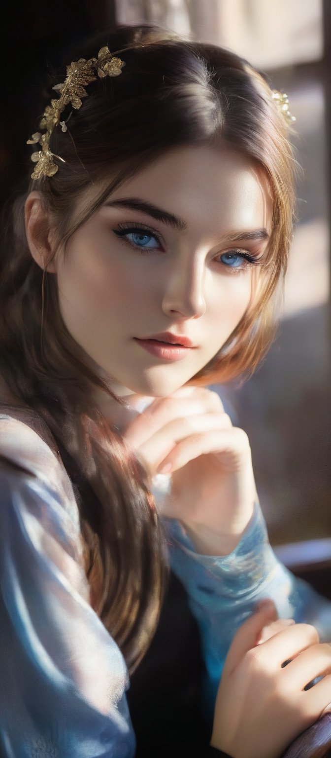 Generate hyper realistic image of a woman with long,  flowing hair sits by a window,  the sunlight casting a soft glow on...