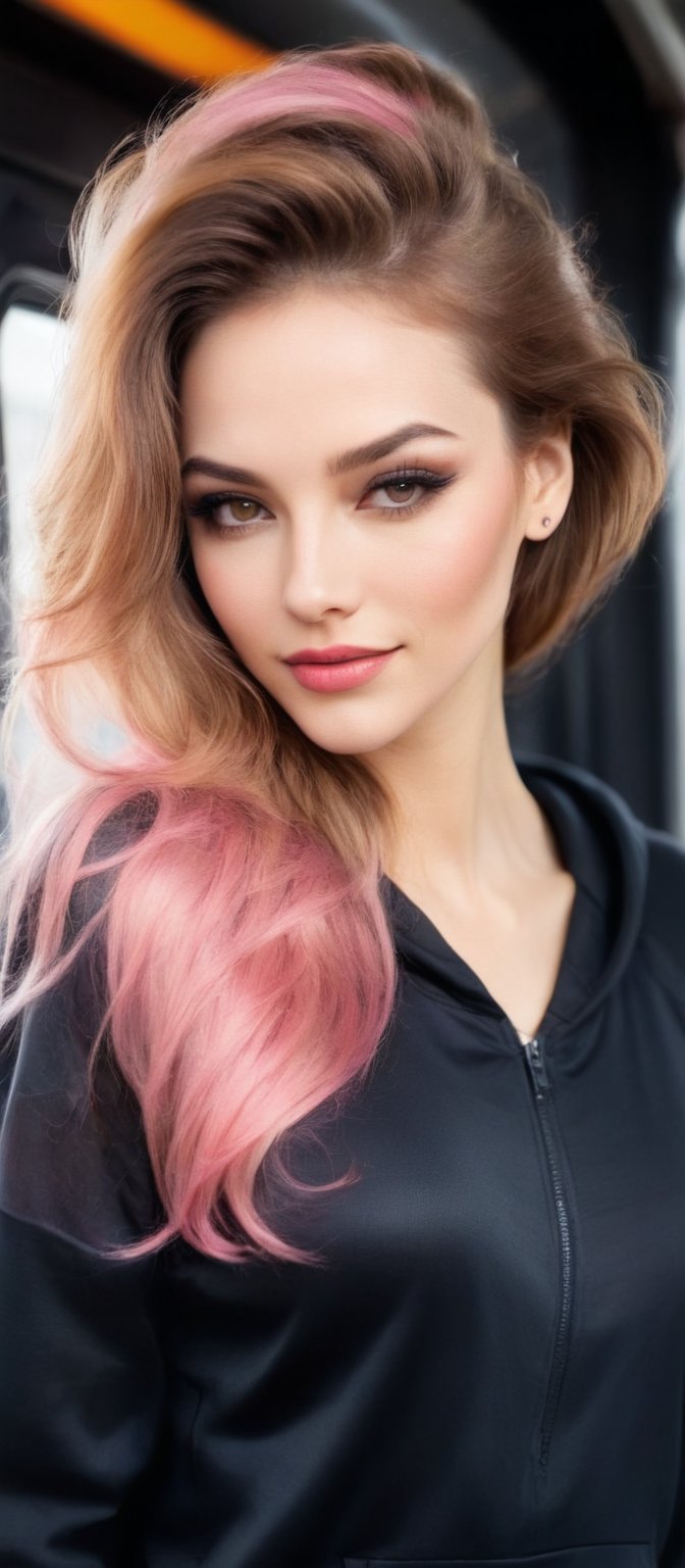 Generate hyper realistic image of a woman with flowing hair that cascades down her back. She is looking at the viewer with...