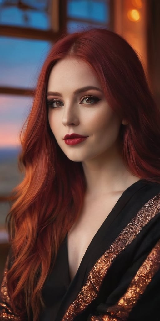 Generate hyper realistic image of a beautiful woman with lustrous red hair cascading in the warm glow of a sunset. She wea...