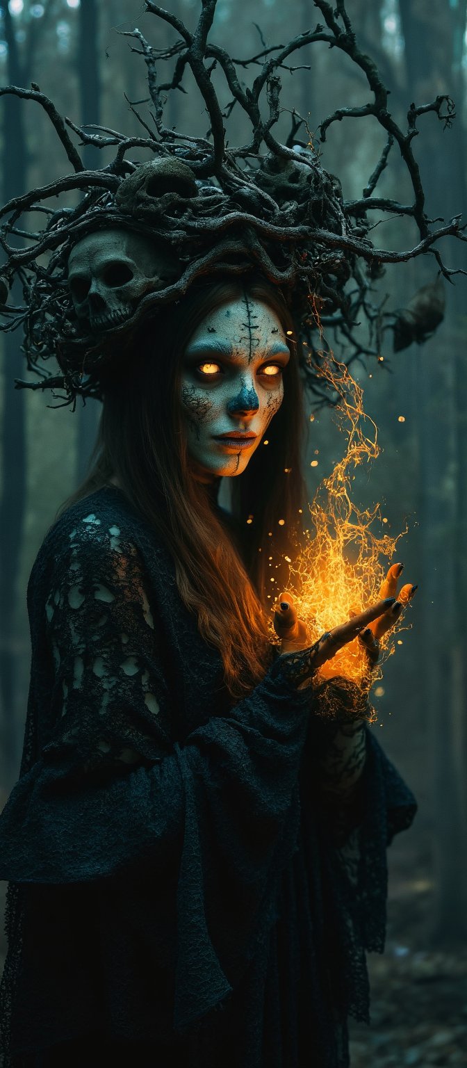 Generate hyper realistic image of a dark, haunting woman with macabre and mystical features. Her face is eerie and skeletal, covered in intricate patterns that resemble roots and vines, giving it a decaying, earthy appearance. Her eyes glow a bright, fiery orange. She is wearing crown-like headpiece made of twisted branches and skulls. The branches fan out from her head, some of them resembling gnarled tree roots, while numerous skulls are embedded within the design. Her clothing is dark and lacy, resembling an ancient, decayed wedding dress. The delicate lace details are contrasted by the rough, bark-like textures that blend into her skin. Her hands are elongated and bony, with sharp, claw-like fingers. Her body is mostly obscured by her dark clothing and the glowing energy she manipulates. The background is dark and shrouded in mist, with faint outlines of twisted trees and decaying branches.