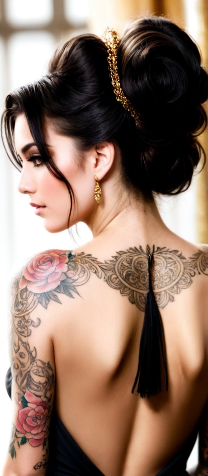 Generate hyper realistic image of a woman with an alluring and confident appearance. The woman is shown from the back,  sl...