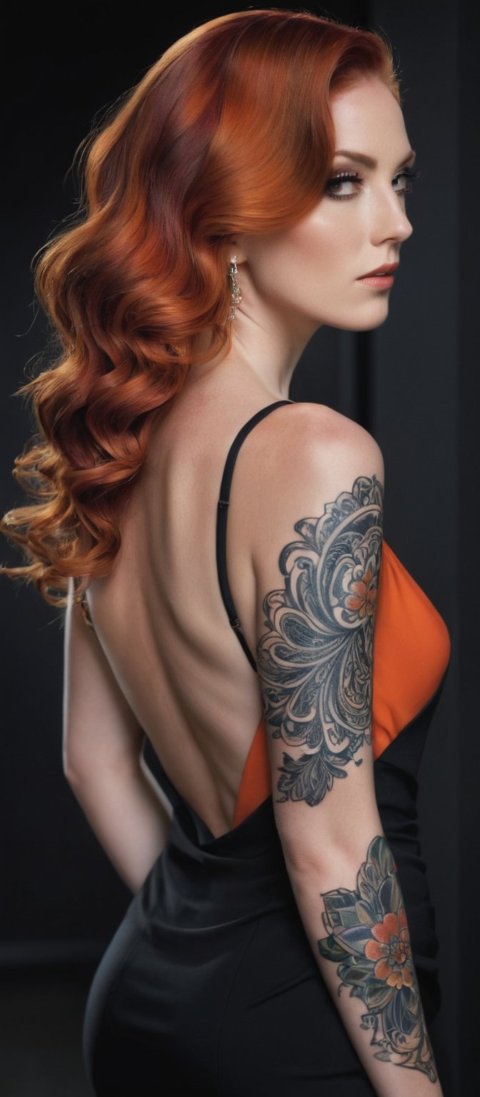 Generate hyper realistic image of a woman with long, wavy hair cascading down her back, dressed in a sleek black dress, her red hair peeking over her shoulder as she looks back with a serious gaze. Another woman with fiery orange hair, hair covering one eye, adorned in an elegant backless outfit, her back tattoo catching the eye, standing amidst dark shadows.