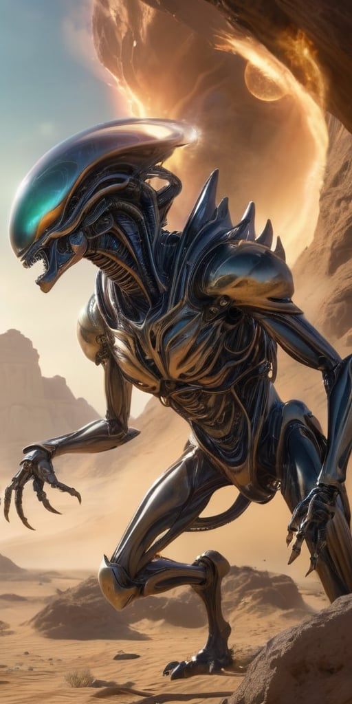 Generate hyper realistic image of an alien race with metallic,  chitinous exoskeletons,  reflecting the light in a mesmeri...