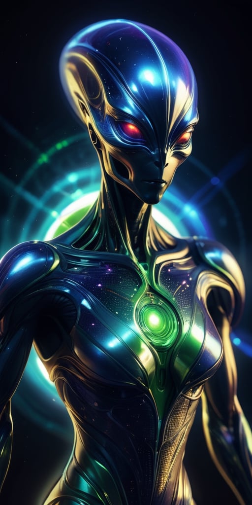 Generate hyper realistic image of a quantum-energy alien hybrid,  with fluctuating energy patterns and the ability to mani...