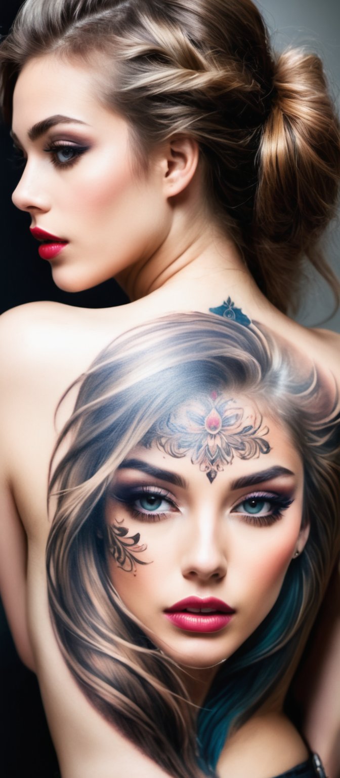 Generate hyper realistic image of a woman with an intricate and vibrant full-back tattoo. The tattoo spans the entire back...