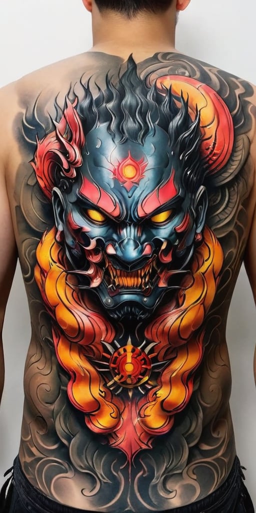 Generate hyper realistic image of a  a man with back to the viewer. He has full back tattoo on his wide back. Tattoo is a menacing traditional Japanese oni masks  with demon details, combined with the presence of a coiled serpent.The mask has a fierce and ominous expression, characterized by deep-set, hollow eyes, a prominent nose, and a wide-open mouth revealing sharp fangs. The mask's surface is detailed with flowing lines and shading that give it a three-dimensional, sculpted appearance. The presence of horns on the mask enhances its demonic and intimidating look.A snake is intertwined with the mask, wrapping around it in a sinuous, fluid motion. The snake's scales are meticulously detailed, creating a realistic texture. The serpent’s head emerges from the top of the mask, with its mouth open, displaying its fangs and forked tongue.,tattoo,FuturEvoLabTattoo,GlowingTat,tag score,oni style