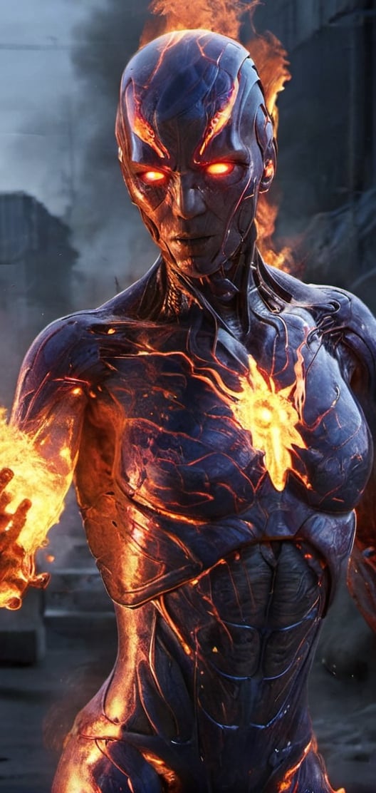 Create a image of Humanoid allien casting fire around him.male allien, red eyes ,scary , enraged detailed face , futuristic , red and blue aura, dark lighting , ,flmngprsn,Ultron ,Monster